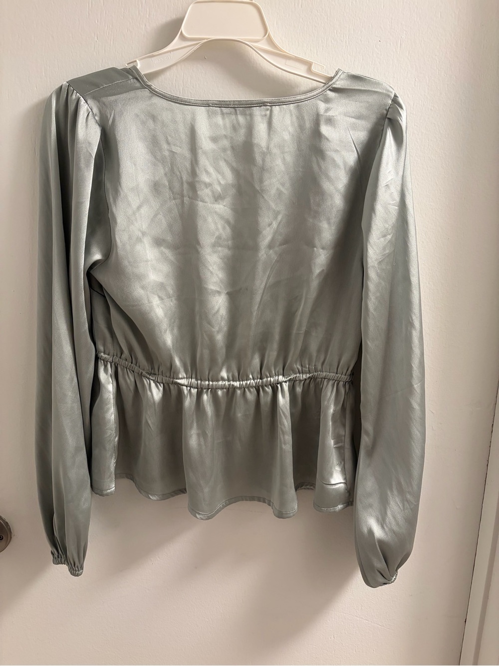 Abercrombie & Fitch Sage Green Satin V-Neck Blouse with Tie - Picture 2 of 8